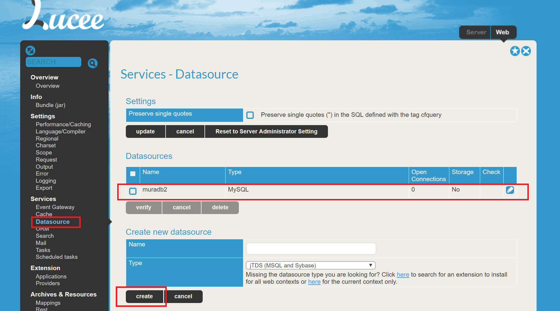 Create a new Lucee datasource